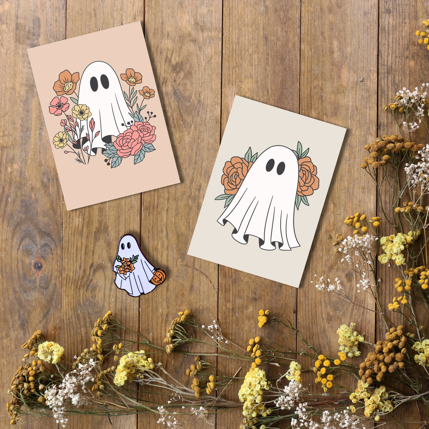 Ghost with Flowers - Halloween Postcard